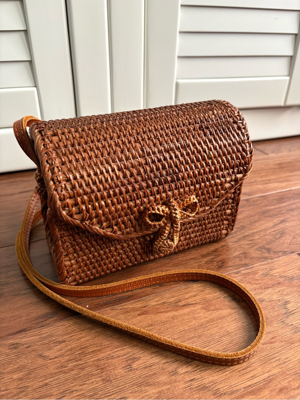 Woven Rattan Crossbody Bag in Brown